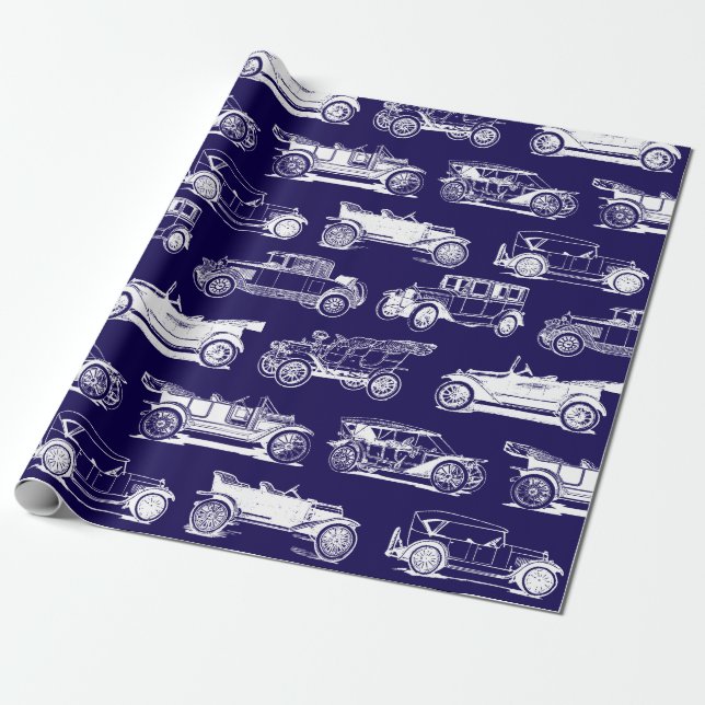 Oldtimer Blaues weißes Vintage-Muster Geschenkpapier (Ungerollt)