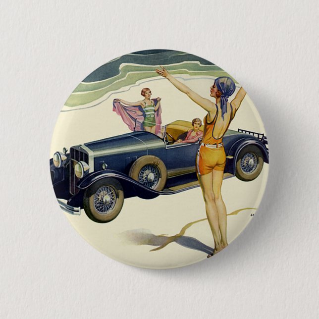 Oldtimer-Cabrio auf dem Strand Button (Vorderseite)