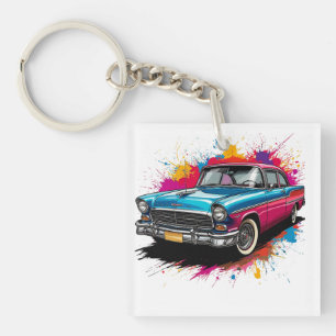 Oldtimer mit farbenfrohen Farbspritzern Schlüsselanhänger