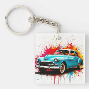 Oldtimer mit farbenfrohen Farbspritzern Schlüsselanhänger