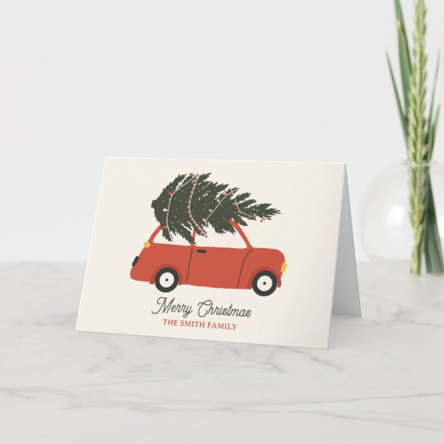 Oldtimer mit Weihnachtsbaum Feiertagskarte (Vorderseite)