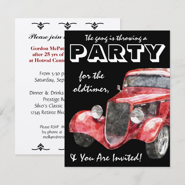 Oldtimer-Ruhestands-Party klassisches Hotrod Auto Einladung (Vorne/Hinten)