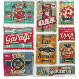 Oldtimer-Service und Tankstelle vintage Metall Duschvorhang