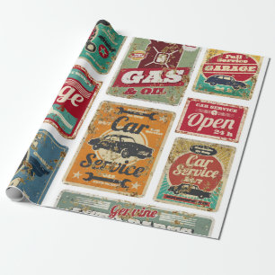 Oldtimer-Service und Tankstelle vintage Metall Geschenkpapier