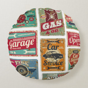 Oldtimer-Service und Tankstelle vintage Metall Rundes Kissen