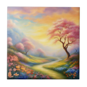 Ölfarbe malt eine Frühlingslandschaft mit Fluss Fliese