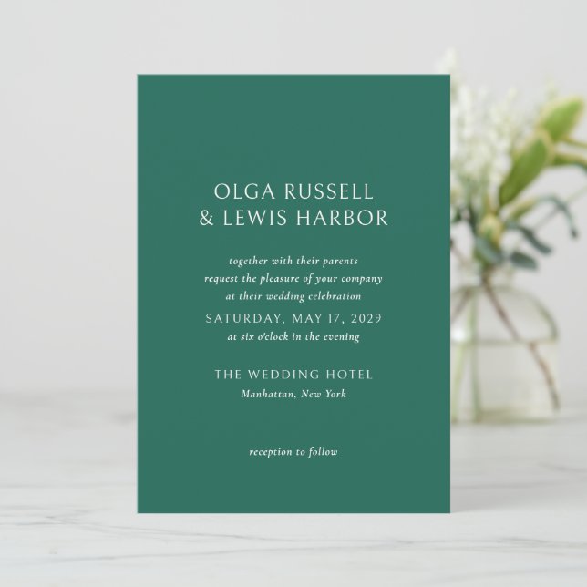Olga Emerald Green Modern Wedding Einladung (Stehend Vorderseite)