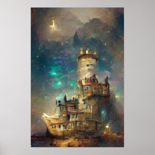Ölgemälde, Burg Starry Night, Retro Poster
