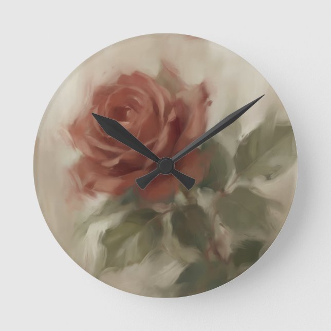 "Ölgemälde einer einzelnen Rose" Runde Wanduhr (Vorderseite)