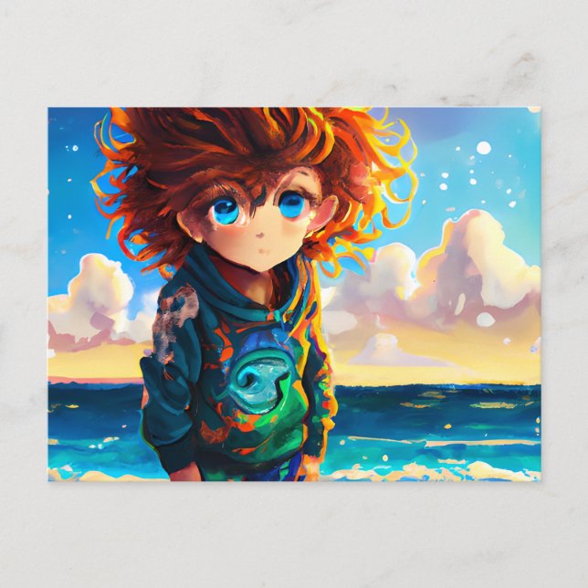 Ölgemälde eines Anime Boy mit rotem Curly-Haar Postkarte (Vorderseite)