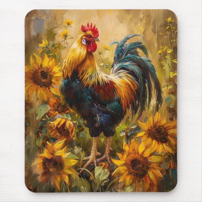 Ölgemälde Hahn und Sonnenblumen Mousepad (Vorne)