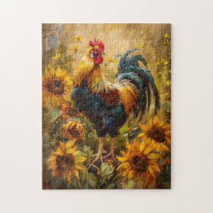 Ölgemälde Hahn und Sonnenblumen Puzzle