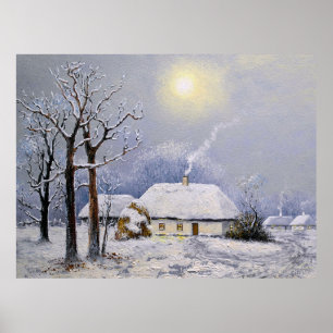 Ölgemälde ländlicher Landschaft. Winter. Altes Dor Poster