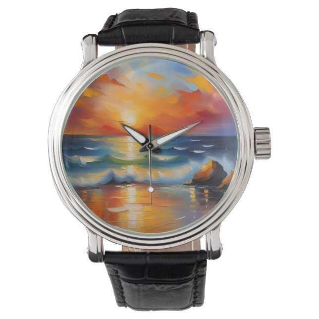 Ölgemälde mit orangefarbenem Sonnenuntergang über  Armbanduhr (Vorderseite)