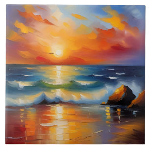 Ölgemälde mit orangefarbenem Sonnenuntergang über Fliese