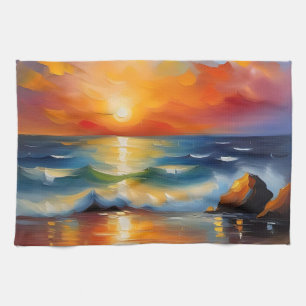 Ölgemälde mit orangefarbenem Sonnenuntergang über Geschirrtuch