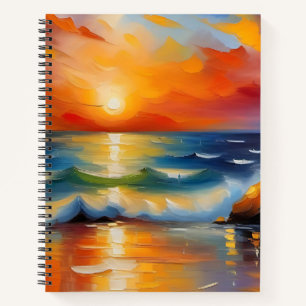 Ölgemälde mit orangefarbenem Sonnenuntergang über Notizbuch