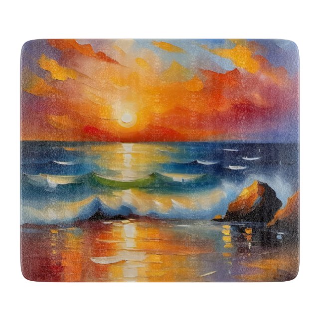 Ölgemälde mit orangefarbenem Sonnenuntergang über  Schneidebrett (Vorderseite)