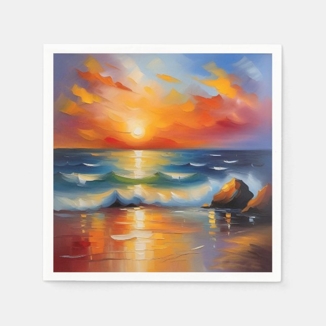 Ölgemälde mit orangefarbenem Sonnenuntergang über  Serviette (Vorderseite)
