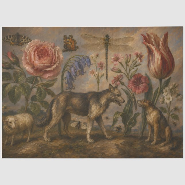 Ölgemälde mit Waldwild und Botanik Seidenpapier (Vorderseite)