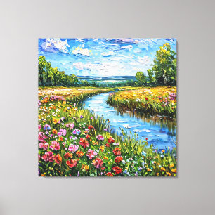 Ölgemälde See und Blumenfeld Leinwanddruck