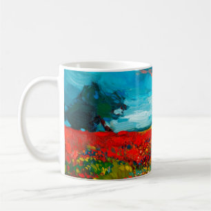Ölgemälde von Blumenfeldern auf Leinwand. Land Kaffeetasse