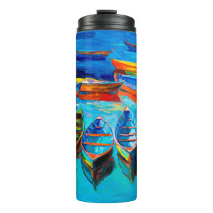 Ölgemälde von Booten und Meer auf Leinwand. Sonnen Thermosbecher