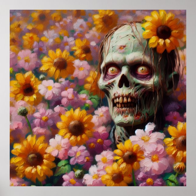 Ölgemälde von Zombie im Halloween-Blume Poster (Vorne)