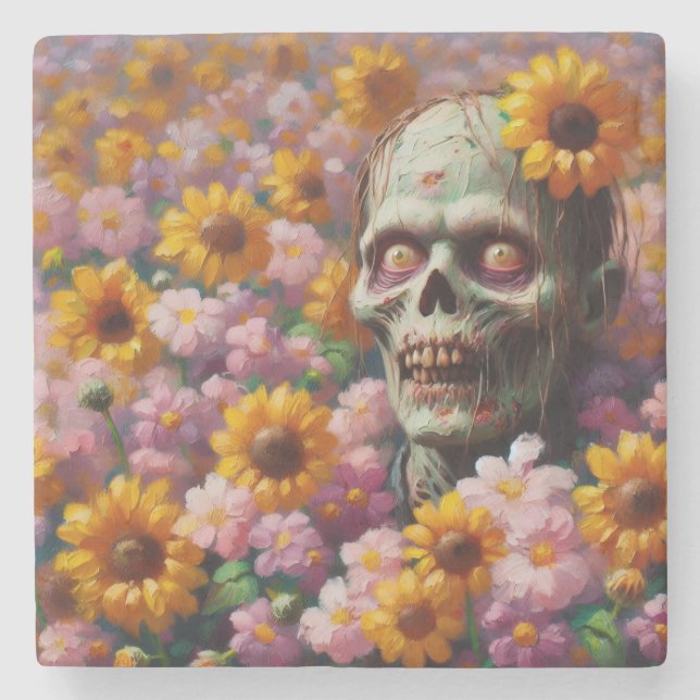 Ölgemälde von Zombie im Halloween-Blume Steinuntersetzer (Vorderseite)