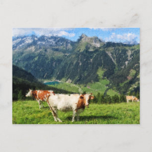 Ölgemäldebild der österreichischen Alpen. Kühe Postkarte