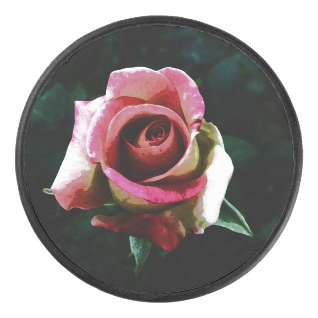 Ölgemalte rote Rose Eishockey Puck (Vorderseite)
