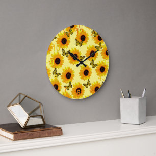 Ölgemalte Sonnenblumen und Schmetterlinge, Große Wanduhr