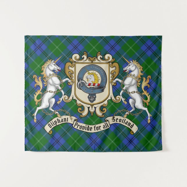 Oliphant Clan Abzeichen & Unicorns w/Tartan Wandteppich (Vorderseite (Horizontal))