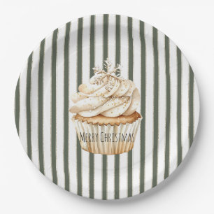 Oliv-Creme-Streifen-Schneeblumen-Cupcake Weihnacht Pappteller