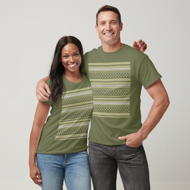 Oliv gestreiftes Muster mit Sternen T-Shirt (Unisex)
