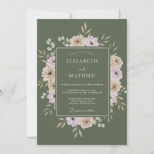 Oliv-Mauve-Pfingstrosen-Hochzeit Einladung