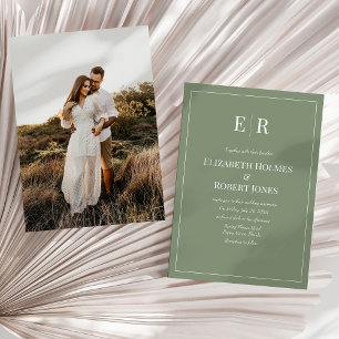 Oliv Minimalistisches Monogramm & Foto Hochzeit Einladung