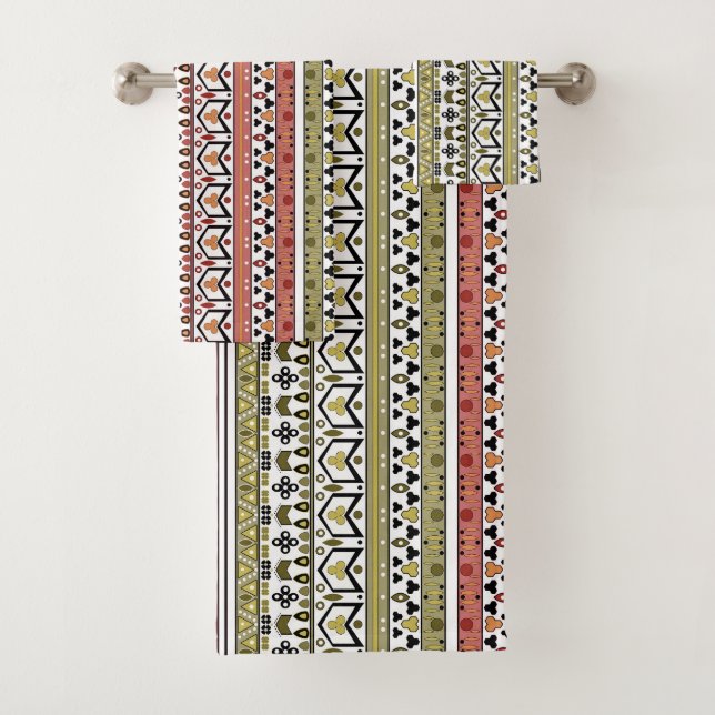 Oliv- und Braungeometrisches ethnisches Ornament Badhandtuch Set (Insitu)