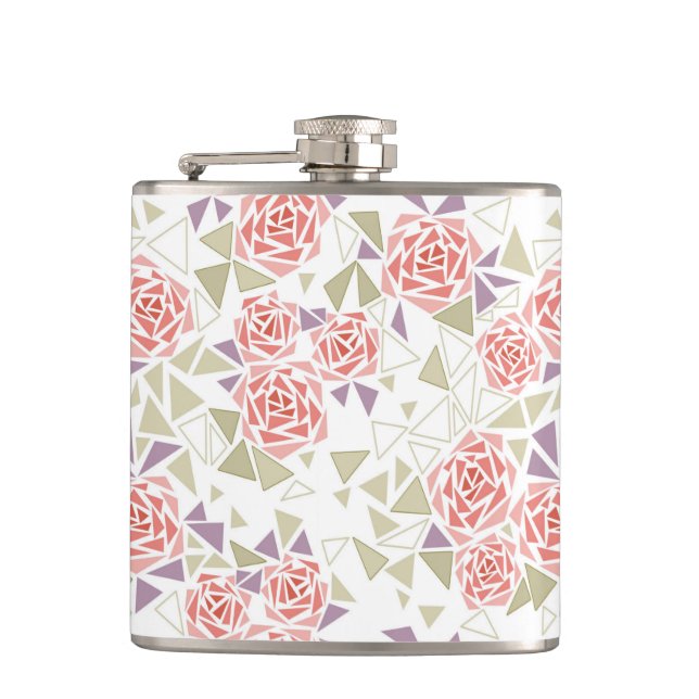 olivbeiger Mosaik-Blumenmuster Retro  Flachmann (Vorderseite)