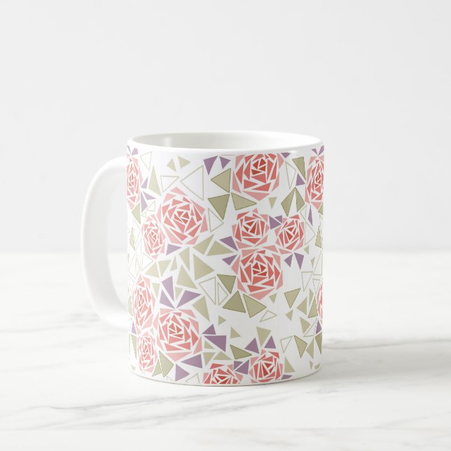 olivbeiger Mosaik-Blumenmuster Retro  Kaffeetasse (Vorderseite Links)
