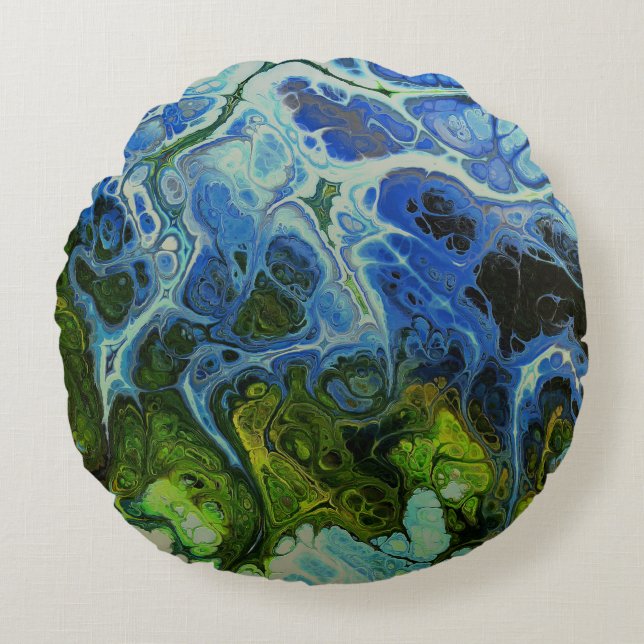 Olive and Ice Blue Imitate Marmorrundkissen Rundes Kissen (Vorderseite)