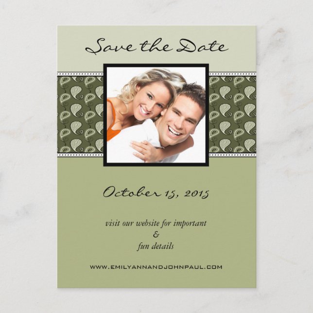 Olive and Ivory Paisley Save the Date Ihre Fotos Ankündigungspostkarte (Vorderseite)