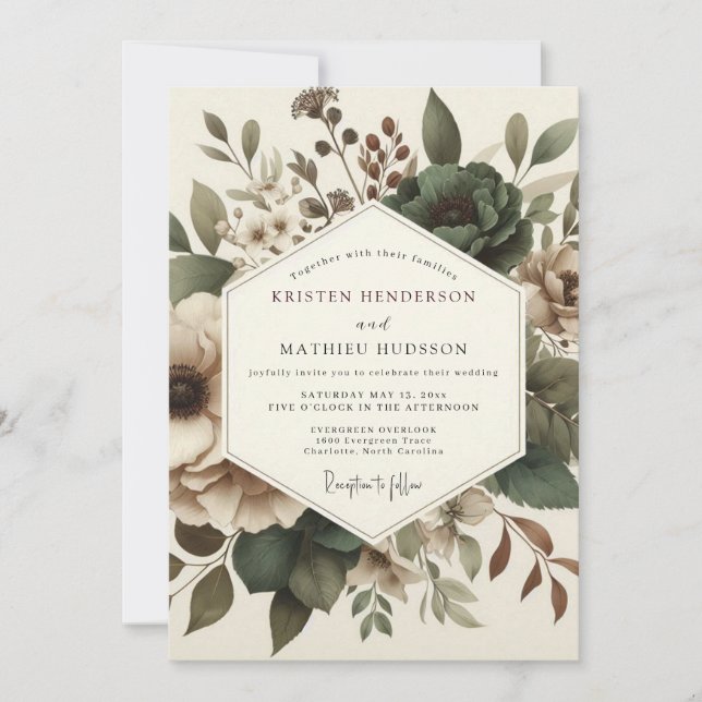 Olive Antique Floral Wedding Einladung (Vorderseite)