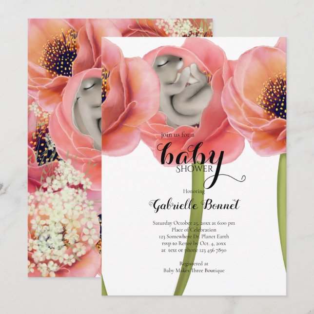 Olive Baby Bunny Sleeping | weiß Einladung (Vorne/Hinten)