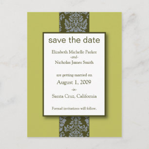 Olive Baroque Damask Save the Date Postkarte