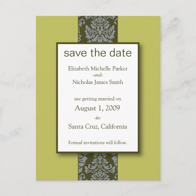 Olive Baroque Damask Save the Date Postkarte (Vorderseite)
