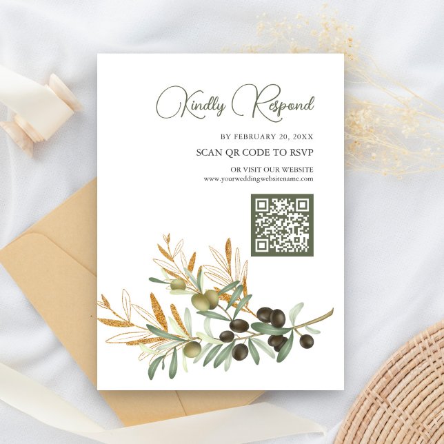 Olive Blätter Gold Branch QR Code UAWG Wedding Begleitkarte (Von Creator hochgeladen)