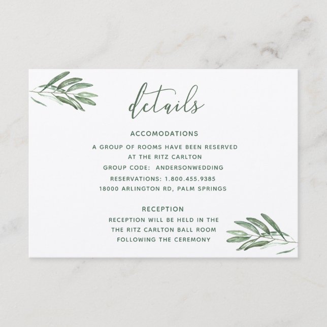 Olive Blätter Hochzeitskarte Begleitkarte (Vorderseite)