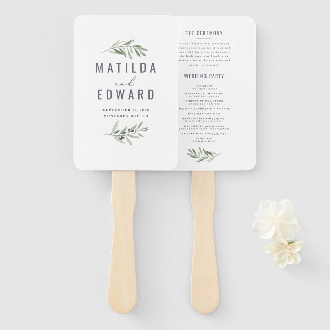 Olive Branch Aquarell bemalt Hochzeitshandfächer Fächer (Vorne und Hinten)