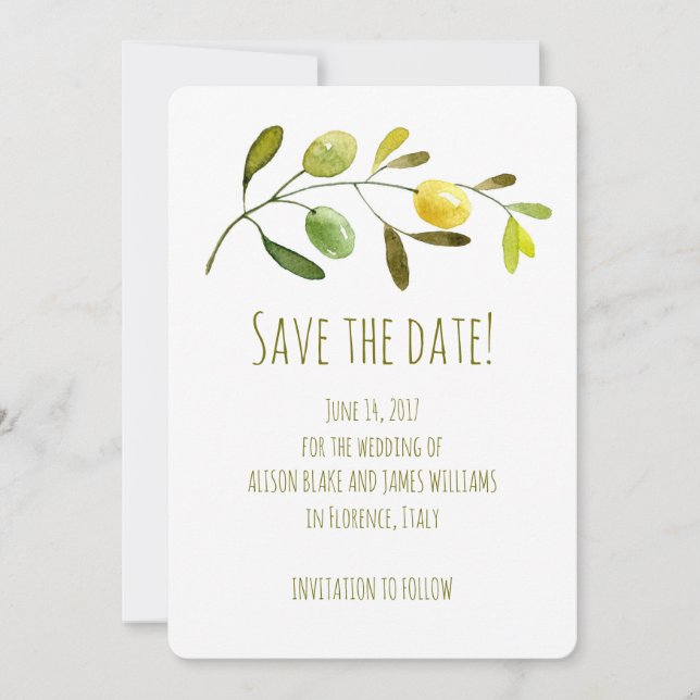 Olive Branch Aquarell Save the Date Karte (Vorderseite)